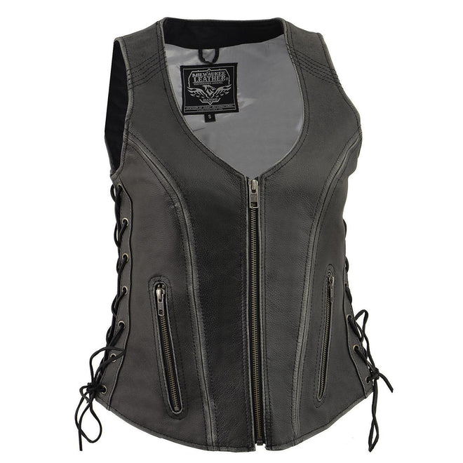 Grey Milwaukee Leather women's motorcycle vest with distress leather, open V-neck, side lace stitching, designed for riders.
