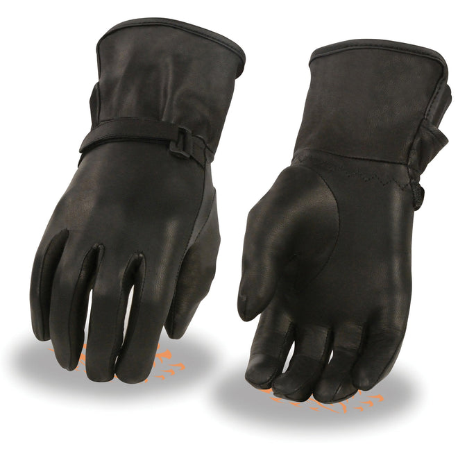 Milwaukee Leather women's black leather motorcycle gloves with wrist strap closure and light lining, designed for riding comfort.