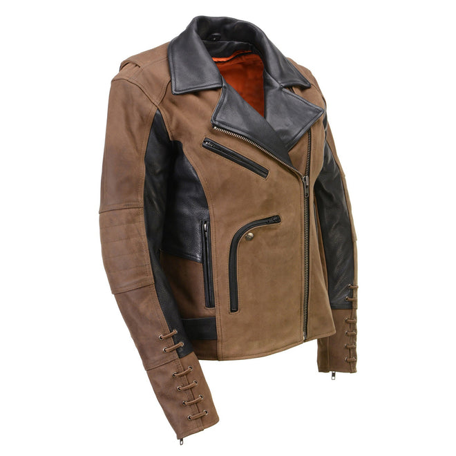 Milwaukee Leather Dixie women's vintage crazy horse brown and black leather motorcycle rider jacket, stylish and durable.