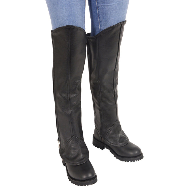 Milwaukee Leather women's black leather knee-high chaps with zipper entry, designed for riding and equestrian activities.