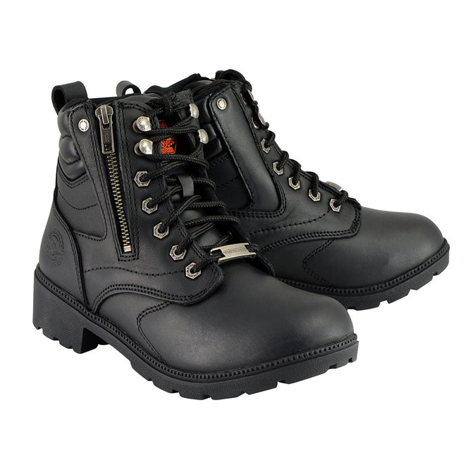 Milwaukee Leather women's black leather lace-up moto boots with side zipper, stylish ankle boots for women.