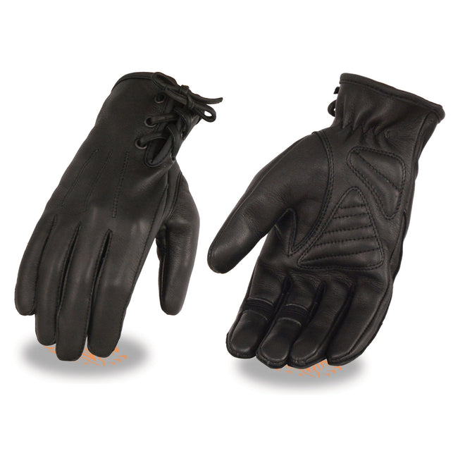 Milwaukee Leather women's black deerskin leather gloves with laced wrists and gel palm padding for comfort.