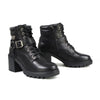 Milwaukee Leather women's black leather lace-front boots with harness ring, stylish footwear with ankle-high design and metal accents.