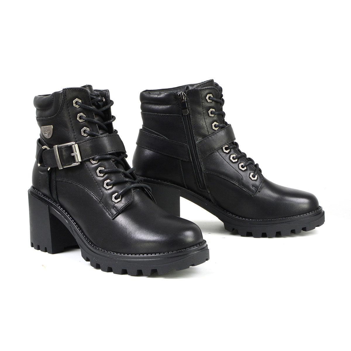 Milwaukee Leather women's black leather lace-front boots with harness ring, stylish footwear with ankle-high design and metal accents.