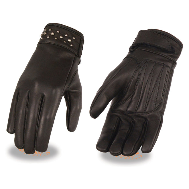 Milwaukee Leather women's black leather gloves with gel palms, stylish and comfortable for everyday wear.