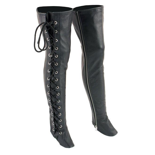 Milwaukee Leather women's black thigh high leather chaps with side lace detailing, designed for a stylish, bold look.