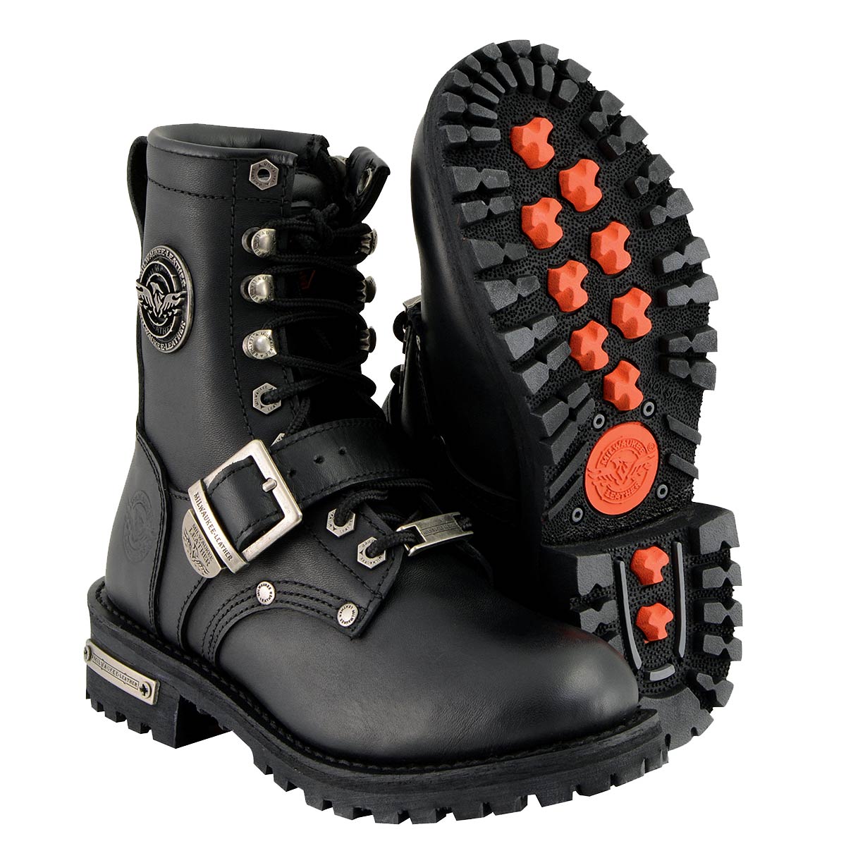 Milwaukee Leather Women's black leather lace-up motorcycle rider boots with buckles, showcasing sturdy design and stylish details.
