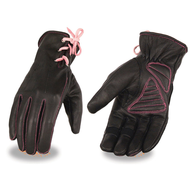 Milwaukee Leather women's pink and black leather riding gloves with laced wrists and gel palms for riding comfort.
