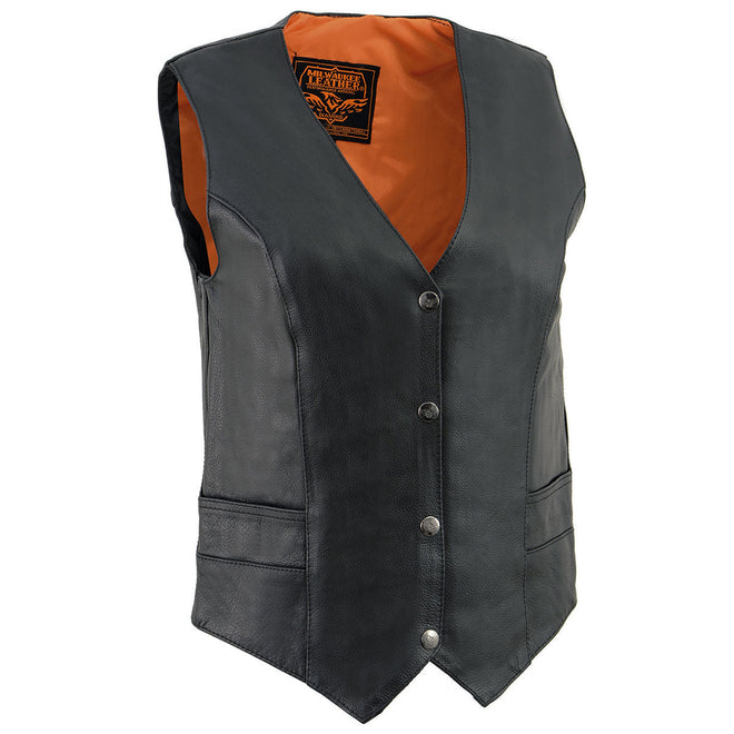 Black women's leather motorcycle vest from Milwaukee Leather with V-neck, snap closures, and Milwaukee logo details.