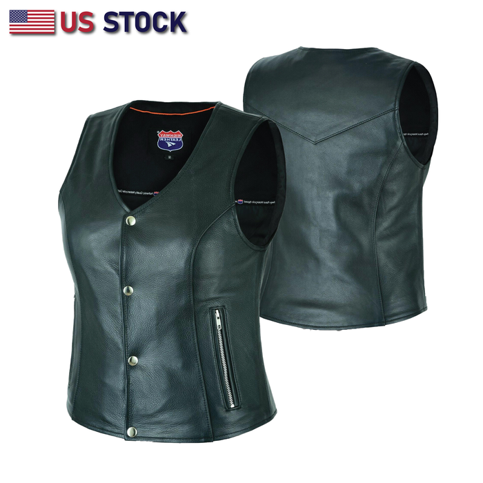 Black women's motorcycle vest by Buffalo Leather Gear with a gun pocket, featuring a simple, sleek design and classic leather styling.