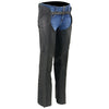 Black lightweight leather chaps for women by Milwaukee Leather, featuring accent lace detailing and made from naked goat skin.