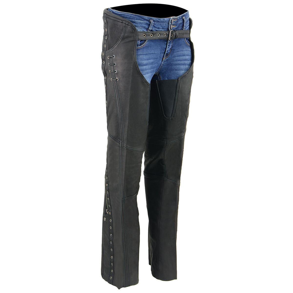 Black lightweight leather chaps for women by Milwaukee Leather, featuring accent lace detailing and made from naked goat skin.