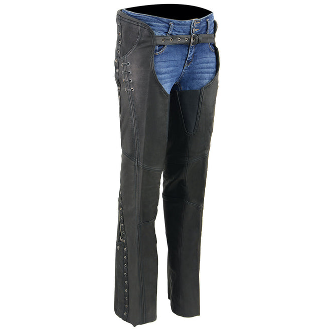 Black lightweight leather chaps for women by Milwaukee Leather, featuring accent lace detailing and made from naked goat skin.