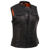 Milwaukee Leather women's black leather motorcycle vest with lash details and concealed dual closure, styled for riding and club wear.