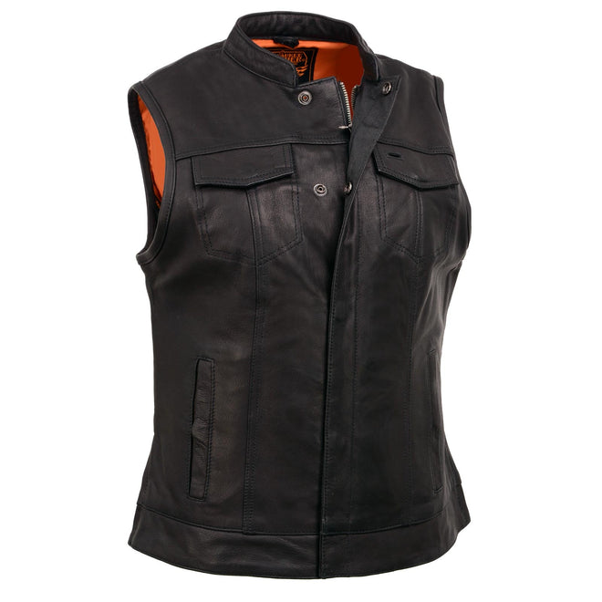 Milwaukee Leather women's black leather motorcycle vest with lash details and concealed dual closure, styled for riding and club wear.