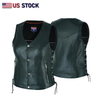 Black women's leather motorcycle vest with lace-up sides from Buffalo Leather Gear, featuring a stylish and fitted design.