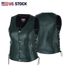 Black women's leather motorcycle vest with lace-up sides from Buffalo Leather Gear, featuring a stylish and fitted design.