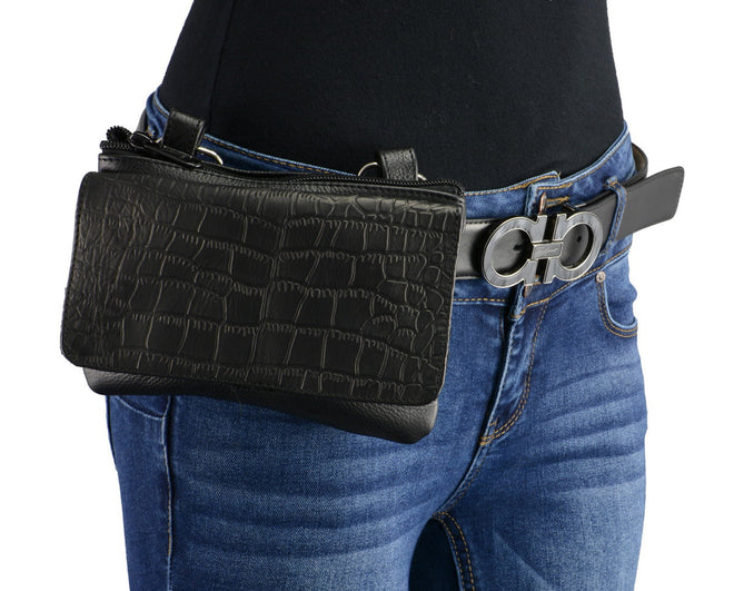 Milwaukee Leather women's black multi-pocket belt bag with clip and thigh strap, featuring multiple compartments for essentials.