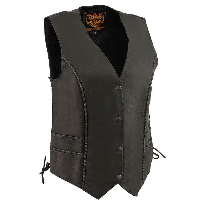 Milwaukee Leather women's black naked leather motorcycle vest with braided sides and deep V-neck, designed for female riders.