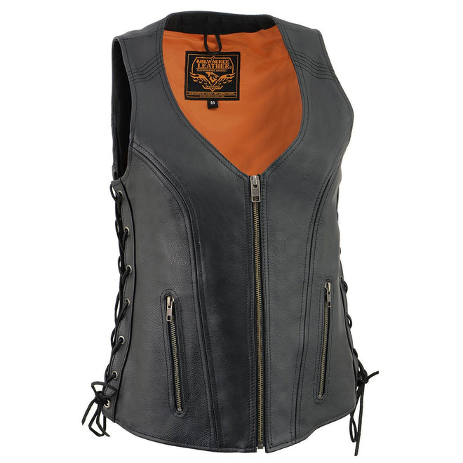 Black Milwaukee Leather women's open-neck motorcycle vest with side lace stitching, V-neck design, and leather construction.