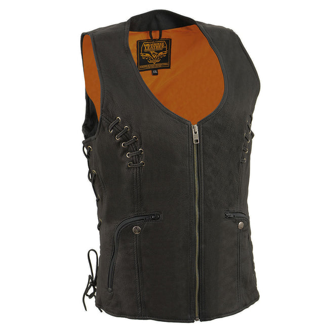 Milwaukee Leather Women's black leather motorcycle vest with side laces, multiple pockets, and a round V-neck design.