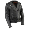 Milwaukee Leather women's police style black leather jacket with side laces, classic design, and tailored fit.