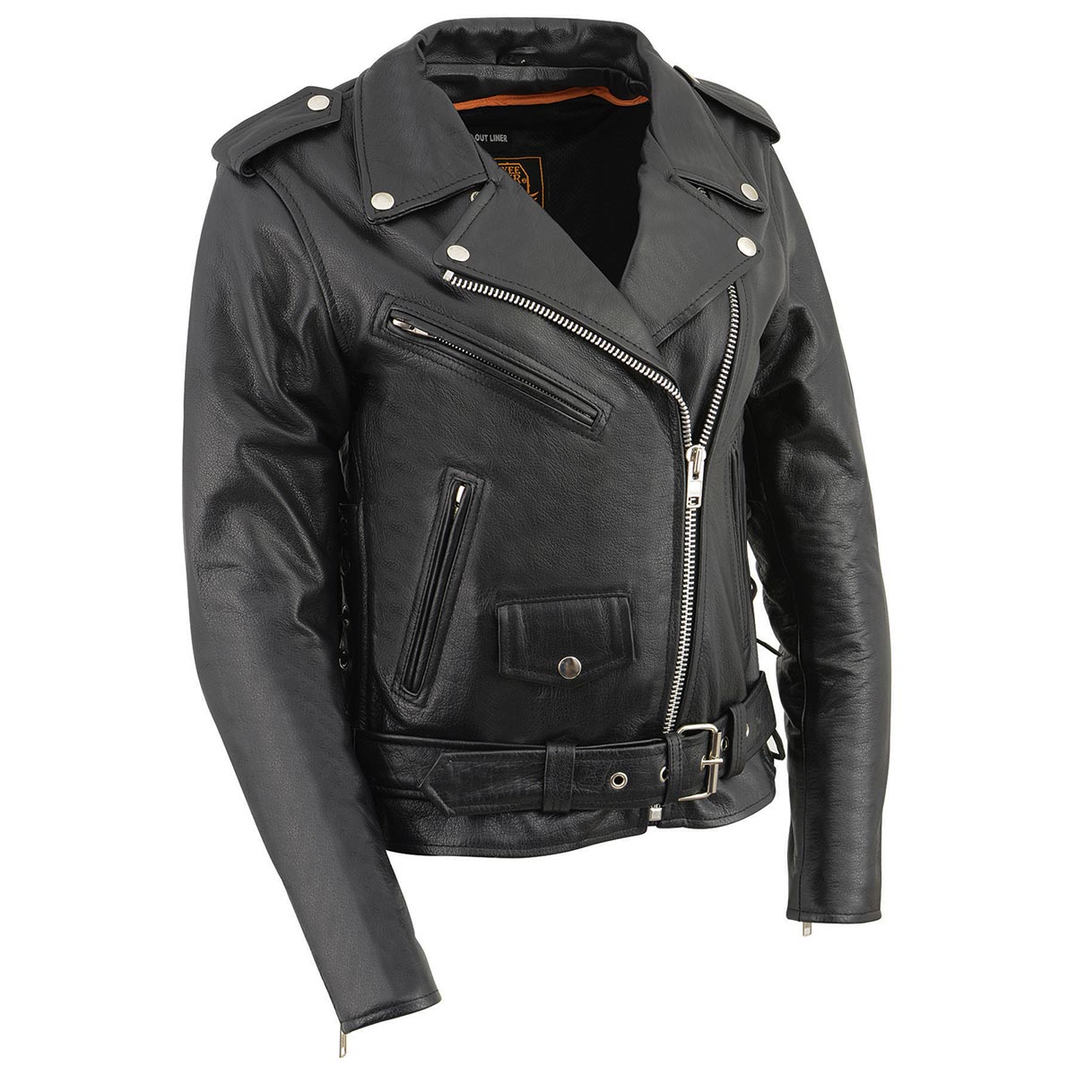 Milwaukee Leather women's police style black leather jacket with side laces, classic design, and tailored fit.
