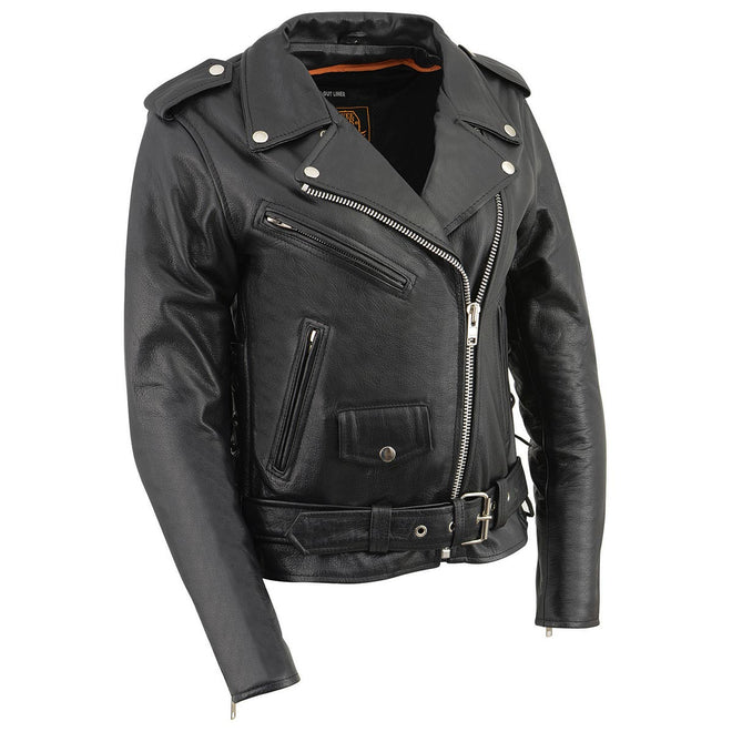 Milwaukee Leather women's police style black leather jacket with side laces, classic design, and tailored fit.