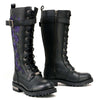 Milwaukee Leather women's black 14-inch tall lace-up motorcycle boots with purple embroidered leather, high-rise and high-heeled design.