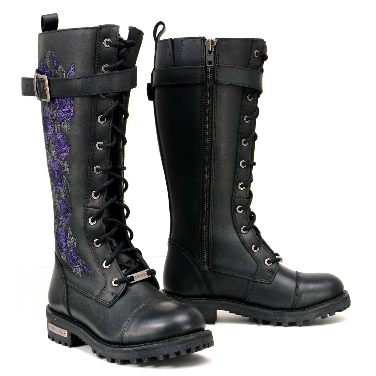 Milwaukee Leather women's black 14-inch tall lace-up motorcycle boots with purple embroidered leather, high-rise and high-heeled design.