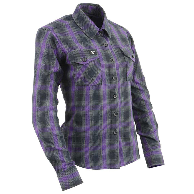 Milwaukee Leather women's casual black and purple cotton flannel shirt with long sleeves, perfect for comfortable everyday wear.