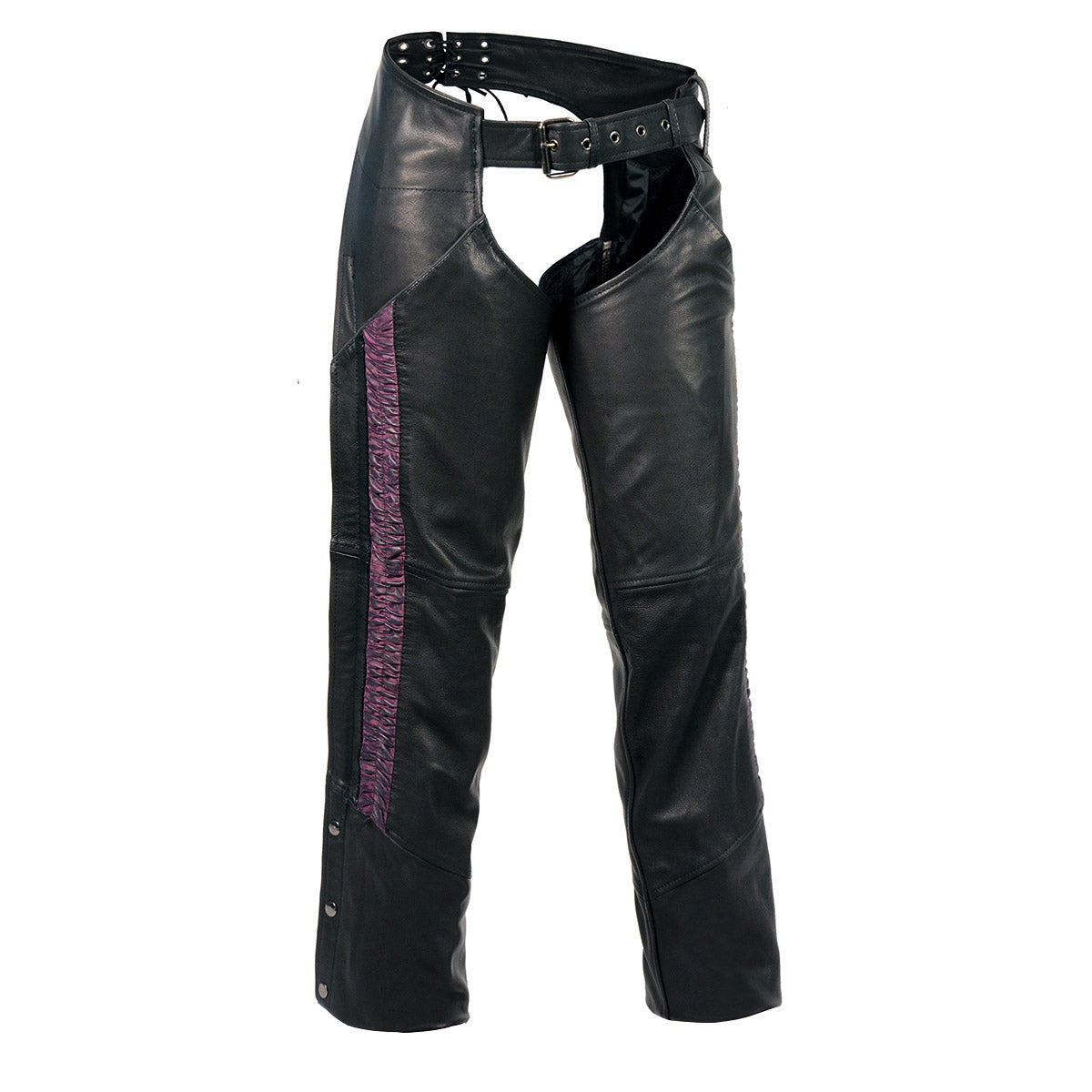Milwaukee Leather women's black chaps with purple crinkled stripes and reflective trim, motorcycle chaps for women.