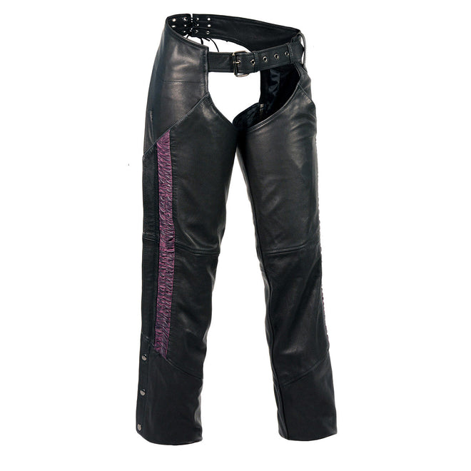 Milwaukee Leather women's black chaps with purple crinkled stripes and reflective trim, motorcycle chaps for women.