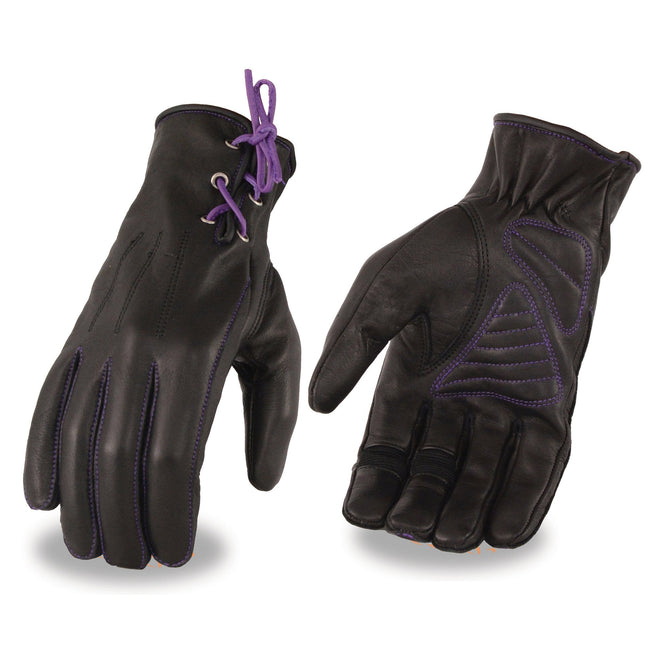 Milwaukee Leather women's purple and black leather gloves with laced wrists and gel palms, designed for comfort and style.