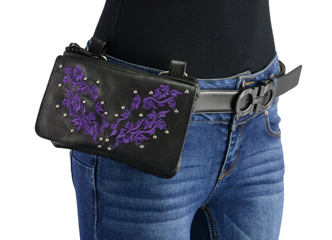 Milwaukee Leather women's black and purple leather belt bag with multiple pockets, designed for clip, thigh, and fan styles.