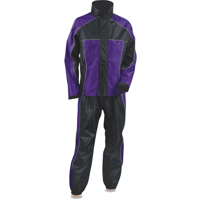 Women's purple and black waterproof motorcycle rain suit by Milwaukee Leather, featuring a full-coverage design for rain protection.