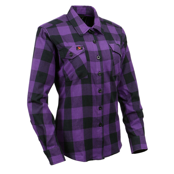 Milwaukee Leather women's long sleeve cotton flannel shirt in black and purple, featuring a casual, comfortable design.
