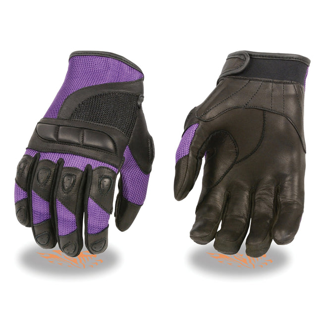Milwaukee Leather women's racing gloves in black and purple leather with mesh panels, designed for comfort and style.