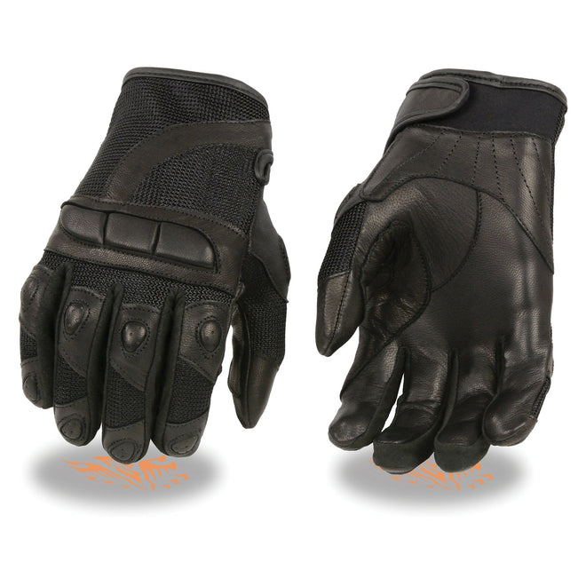 Women's black leather and mesh racing gloves with padding by Milwaukee Leather, featuring secure wrist straps and breathable design.