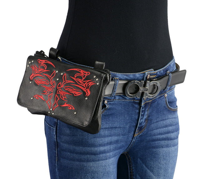 Milwaukee Leather MP8852 women's black and red leather multi-pocket thigh belt bag with clip and fan features.