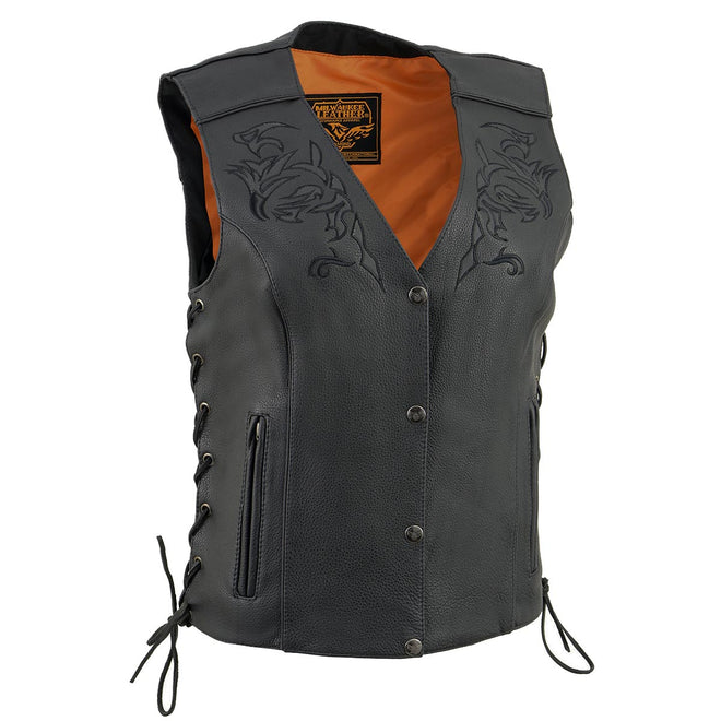 Black women's leather motorcycle rider vest with tribal and reflective details, featuring side lace design from Milwaukee Leather.