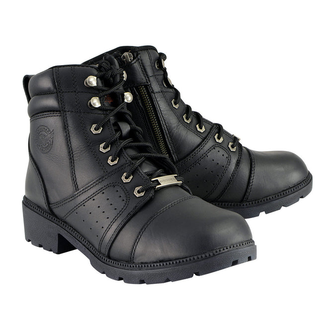 Milwaukee Leather women's black leather motorcycle rider boots with lace-up front and side zipper for a stylish, functional look.