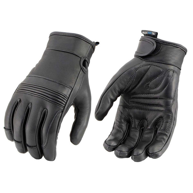 Milwaukee Leather women's black Cool-Tec leather motorcycle riding gloves with reinforced palms and adjustable wrist straps.