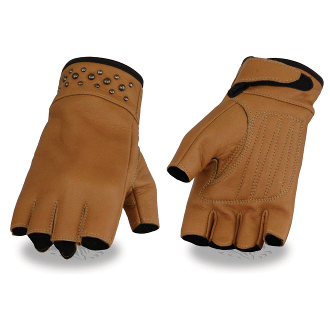 Milwaukee Leather women's leather gel palm fingerless motorcycle gloves with stylish wrist detailing, saddle design, and durable construction.