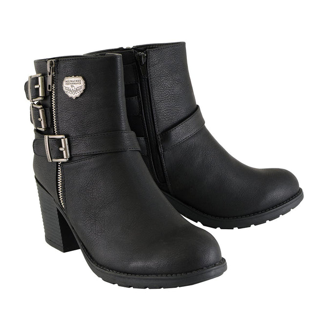 Milwaukee Leather women's black boots with side zipper and triple buckle adjustment, stylish short boots for women.