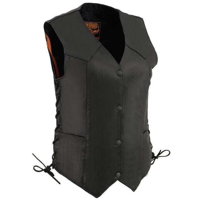 Milwaukee Leather women's black naked leather motorcycle vest with side lace, V-neck, and four snap closures.
