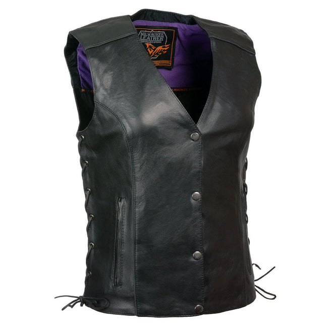 Women's black leather motorcycle rider vest with side lace design, reflective accents, studded purple wings, by Milwaukee Leather.