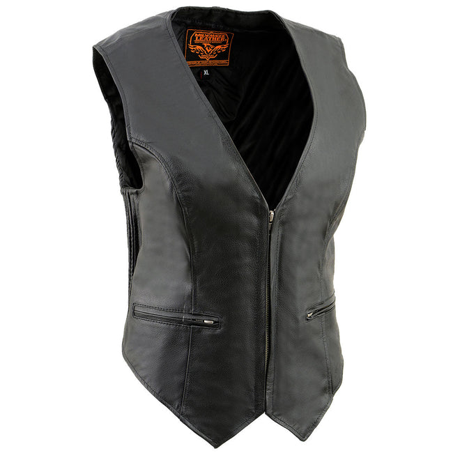 Milwaukee Leather women's black leather V-neck motorcycle rider vest with side stretch panels, shown from the side.