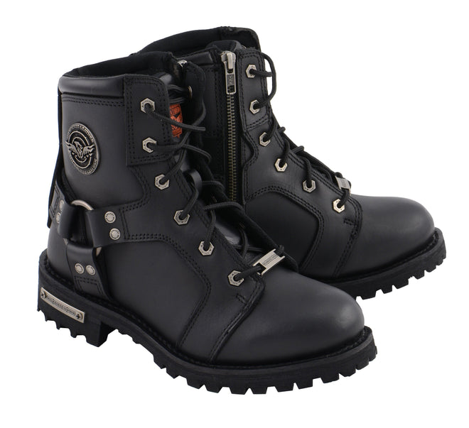 Milwaukee Leather Women's black 8-inch lace-up motorcycle harness boots with side zipper entry, casual and rugged footwear.