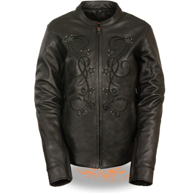 Milwaukee Leather ML2500 women's black leather jacket with reflective star rivet details, stylish women's jacket for casual wear.